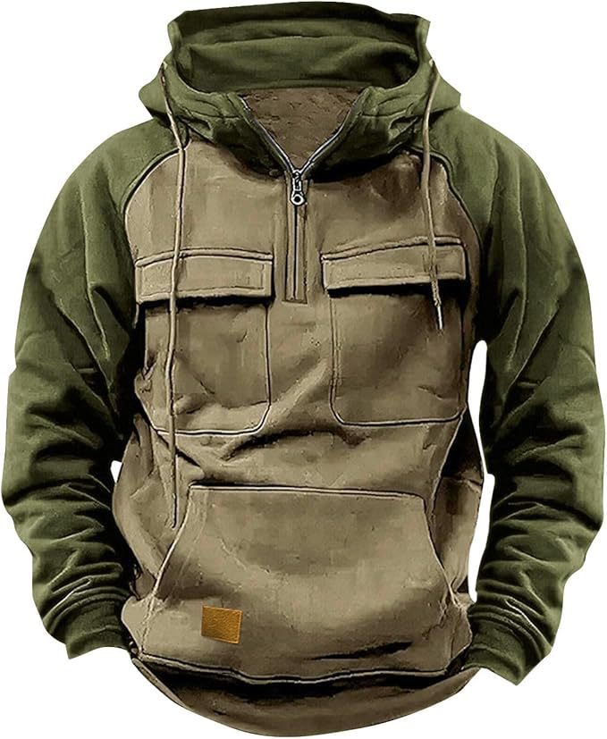Men's Retro Cargo Hoodie with Half Zipper and Pockets