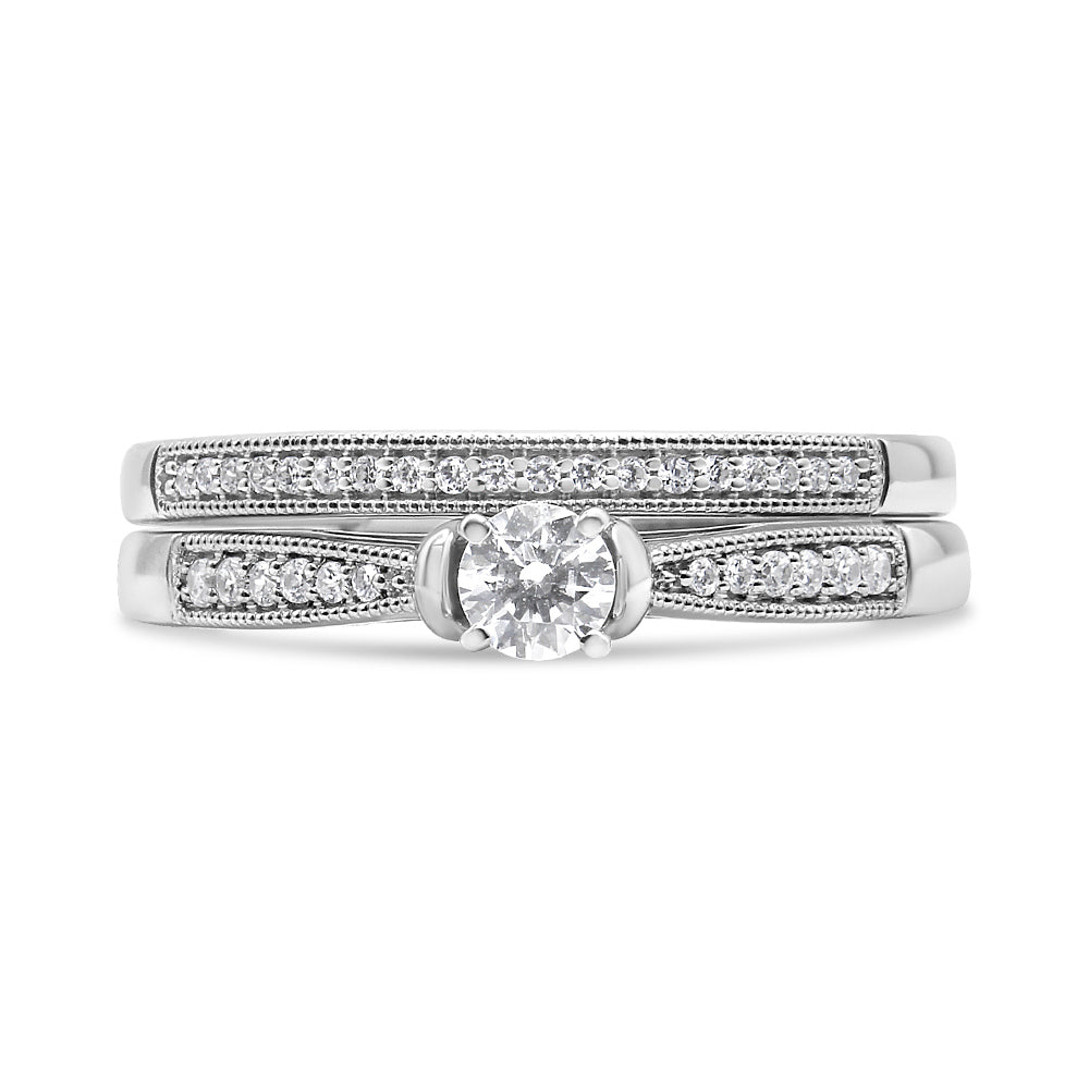 Ensemble de Bague de Fiançailles en Argent Sterling .925 avec Diamant - Taille 7