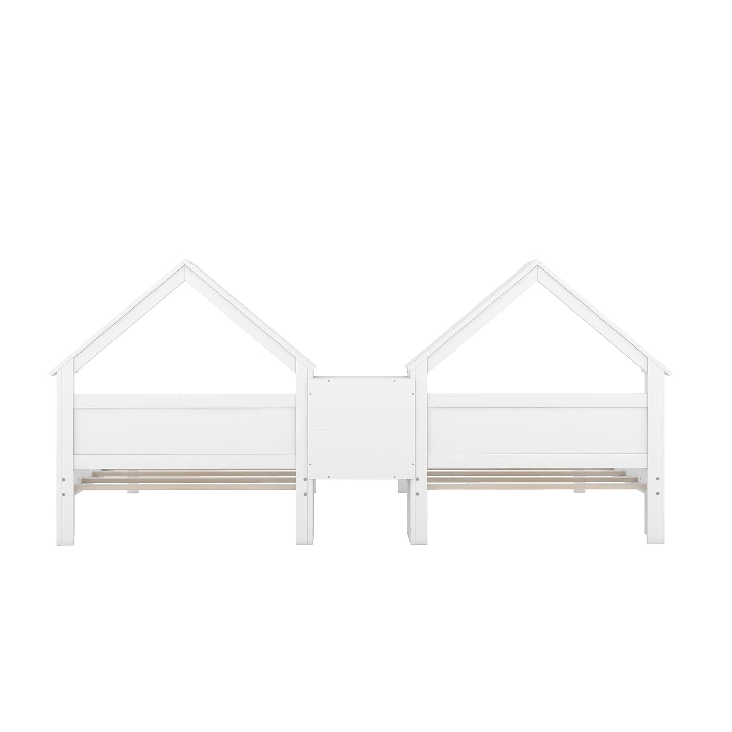 Double Twin Size Platform Bed with House Headboard and Nightstand, White