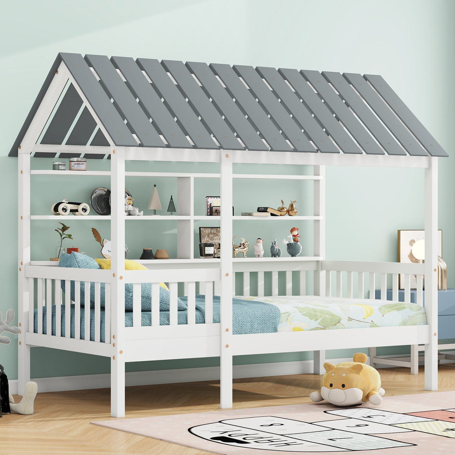 Wood Twin Size House Bed with Roof, Guardrail and Shelves, White - Korvel