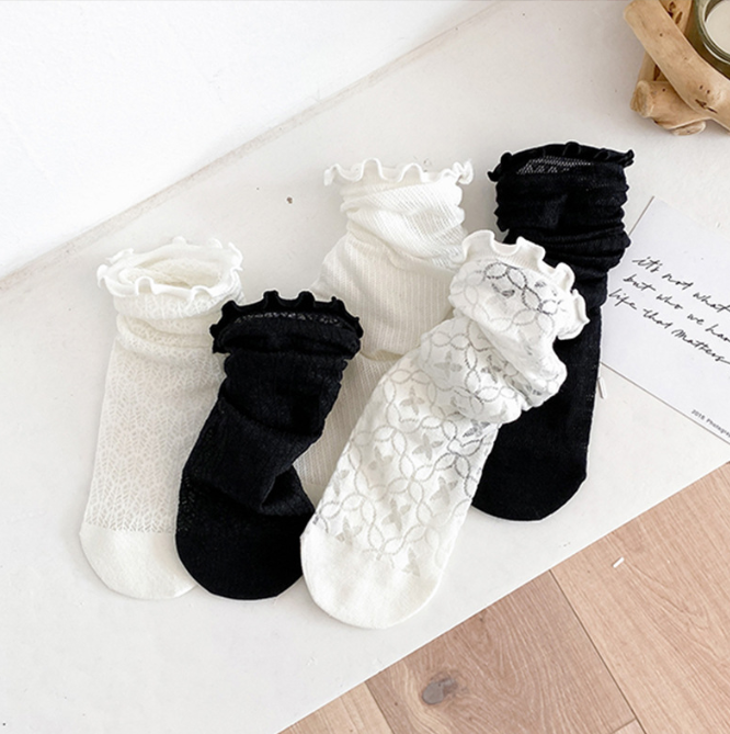 1 pair of socks for women summer thin black middle tube socks Japanese lace ballet style socks mesh breathable pile socks - Korvel