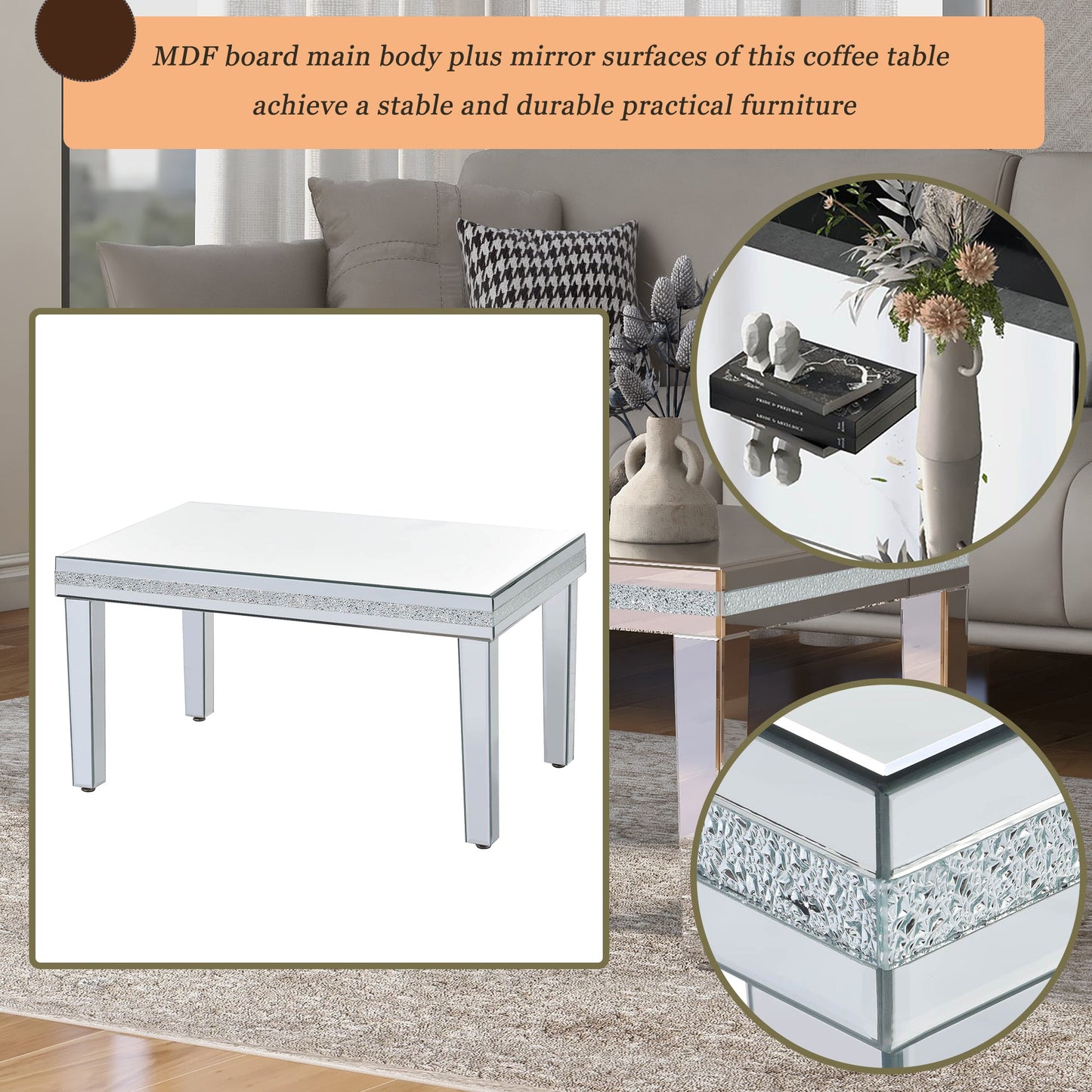 ON-TRANS Modern Glass Mirrored Coffee Table with Adjustable Height