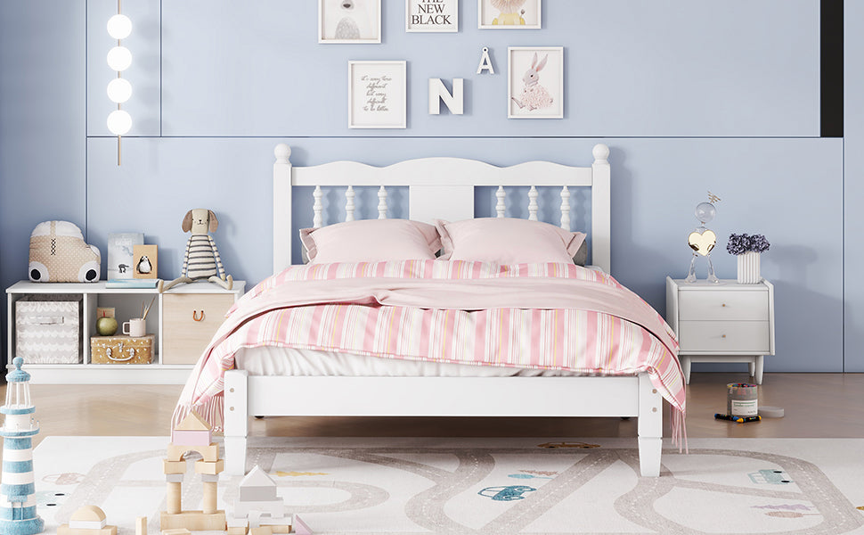 Twin Bed with Column-Decoration Headboard, with Bed Slats,White - Korvel