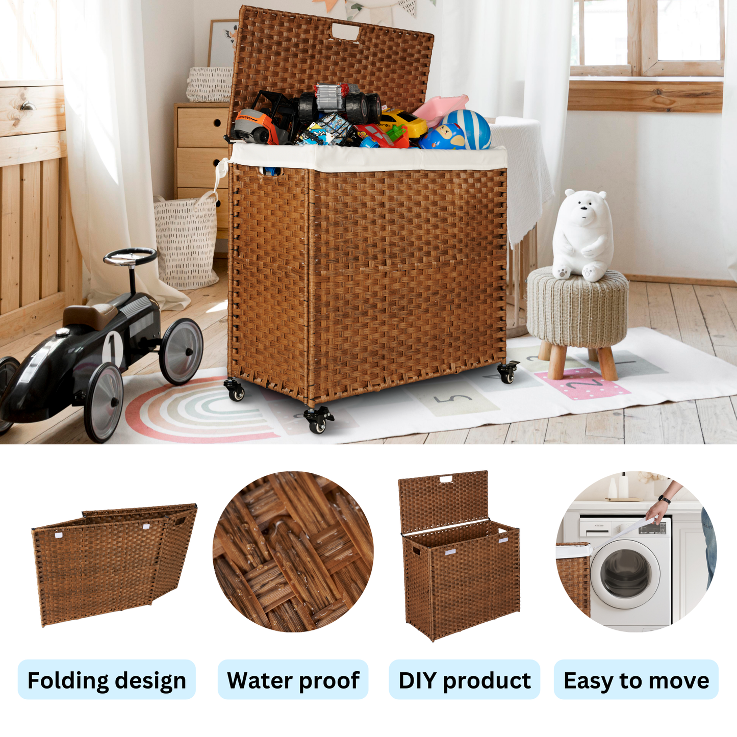 Laundry Hamper With Lid PE Rattan Powder Coating Frame Clothes Hampers with 02 Removable Bags, Wheels, 160L, Brown Color - Korvel