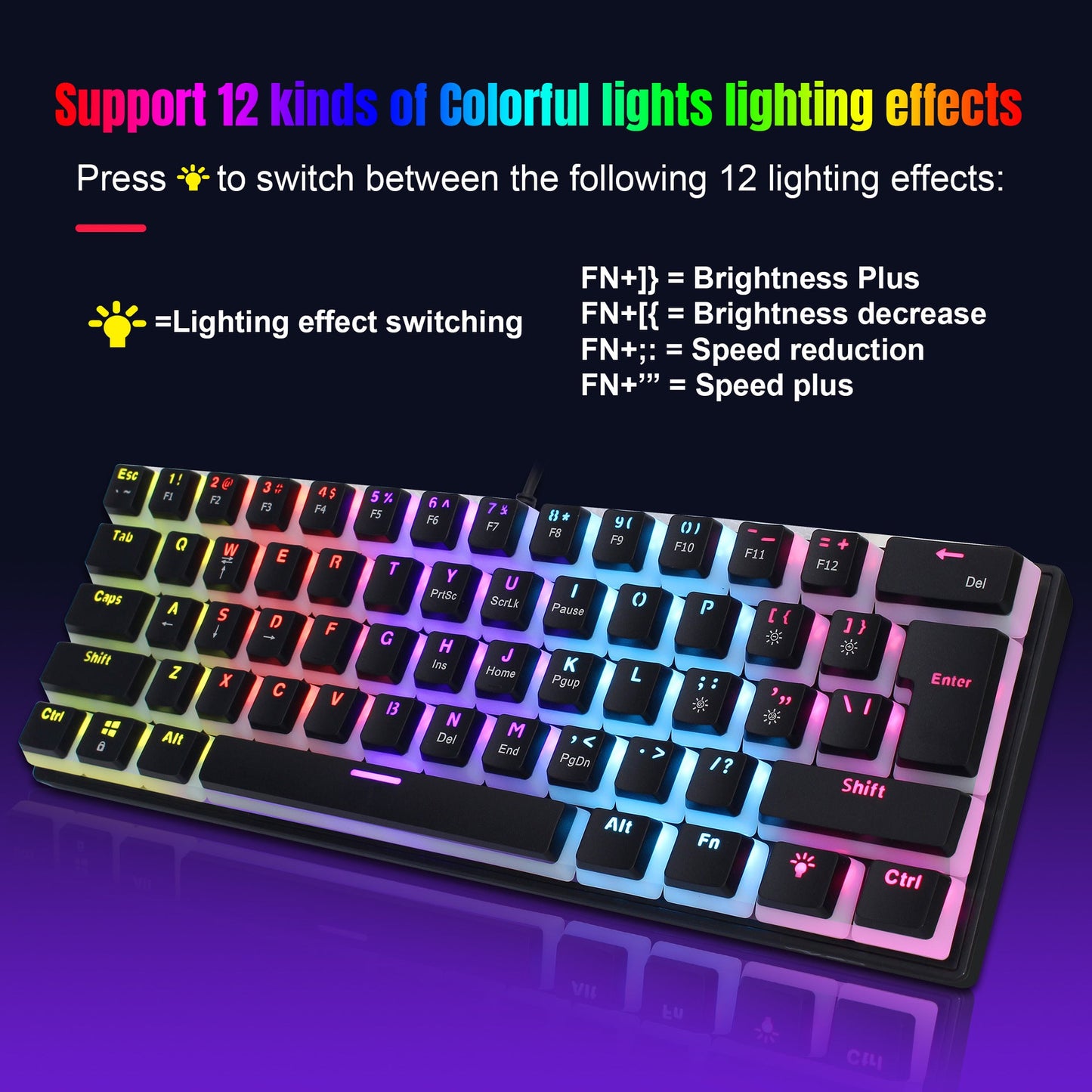 HXSJ new 61 key wired mechanical keyboard, blue axis pudding keycap, color backlit game, office and home use - Korvel