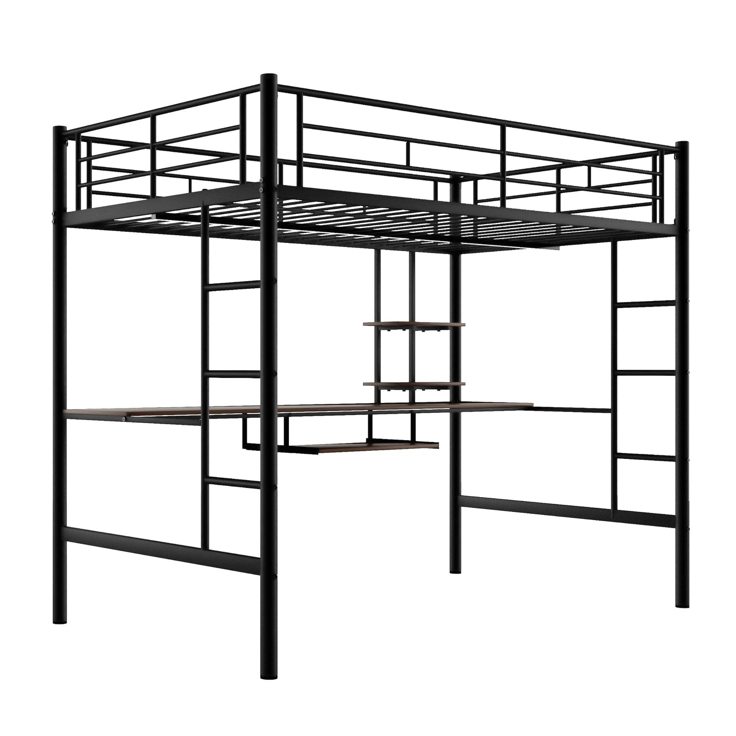 Loft Bed with Desk and Shelf   Space Saving Design Full Black - Korvel