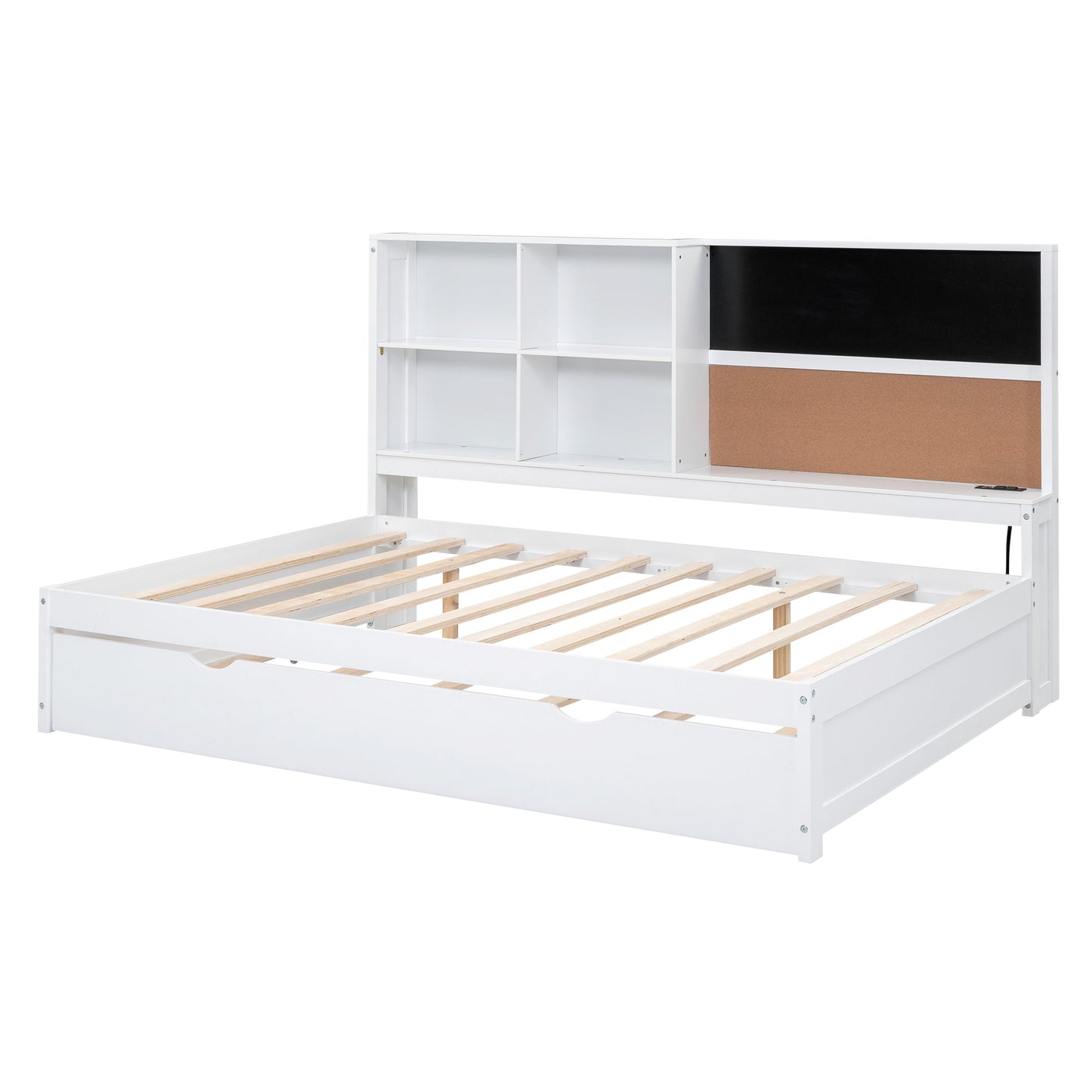 Full Size Daybed with Storage Shelves, Blackboard, Cork board, USB Ports and Twin Size Trundle  White - Korvel