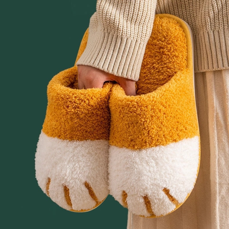 Winter House Warm Fur Slipers For Women Cute Cat paw Designer Bedroom Warm Plush Shoes Non-slip Indoor Women Furry Slippers - Korvel