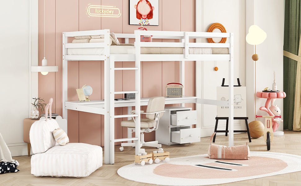 Twin Loft Wood Bed with Under-bed, Built-in Desk, a Storage Cabinet of 2 Drawers, Guardrails, Ladder,White - Korvel