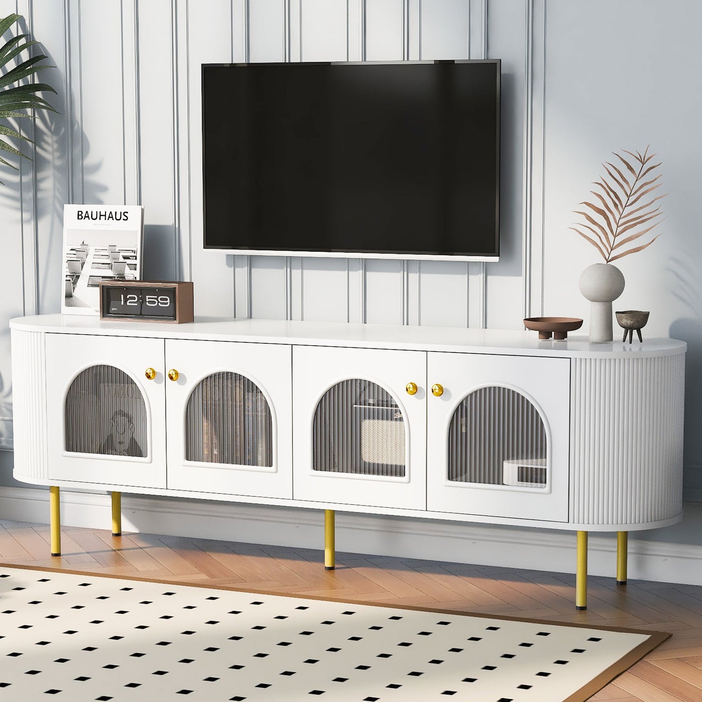 U-Can Modern TV Stand for TVs up to 80 Inches, Entertainment Center with 4 Cabinets, Wood with Metal Legs and Handles White - Korvel