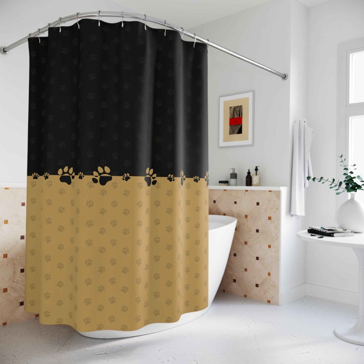 Elegant Black & Gold Paw Print Shower Curtain