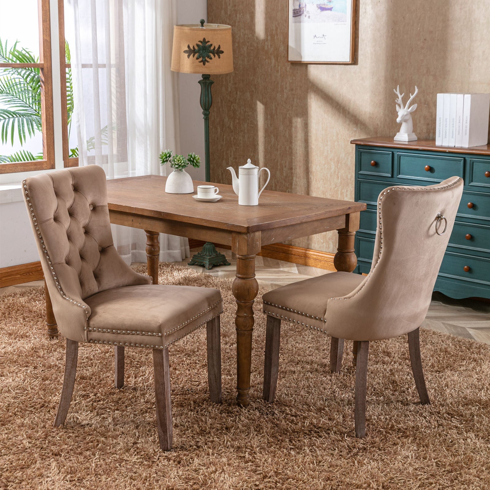 High-end Tufted Solid Wood Contemporary Velvet Upholstered Dining Chair with Wood Legs Nailhead Trim 2-Pcs Set Khaki - Korvel