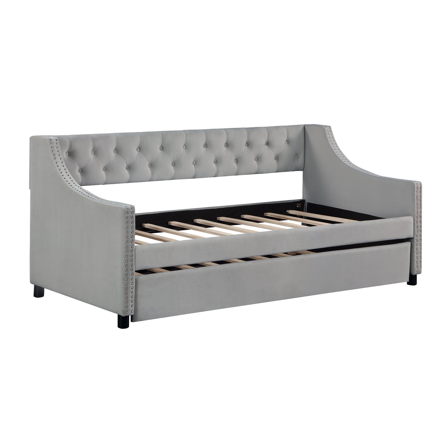 Twin Size Upholstered Daybed with Trundle Sturdy Wood Bedframe w/ Bedframe Tufted Button & Copper Nail on Arms Design - Korvel