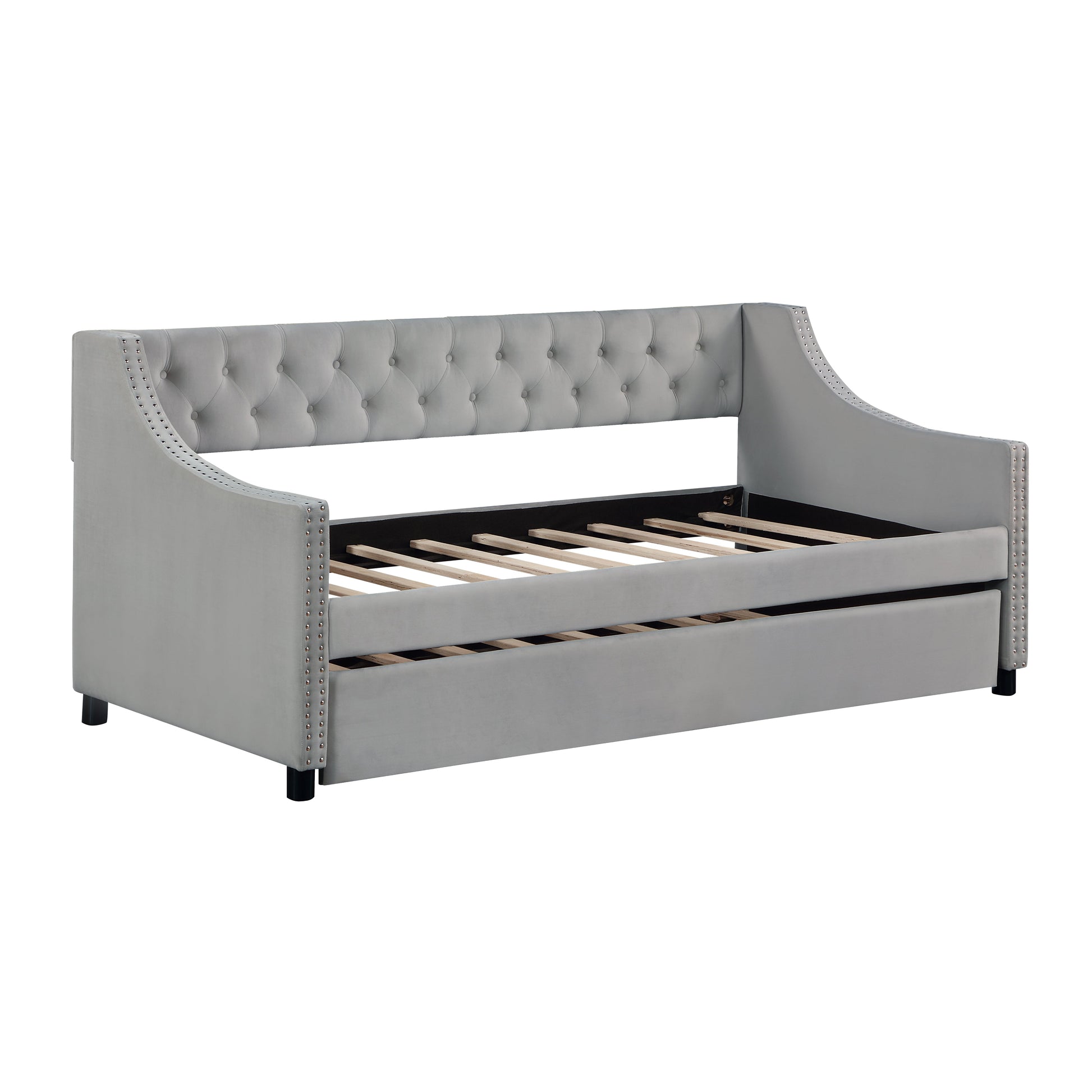 Twin Size Upholstered Daybed with Trundle Sturdy Wood Bedframe w/ Bedframe Tufted Button & Copper Nail on Arms Design - Korvel