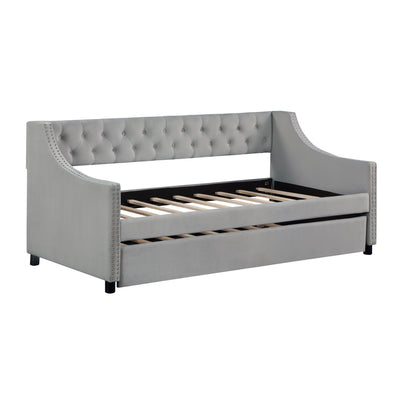 Twin Size Upholstered Daybed with Trundle Sturdy Wood Bedframe w/ Bedframe Tufted Button & Copper Nail on Arms Design - Korvel