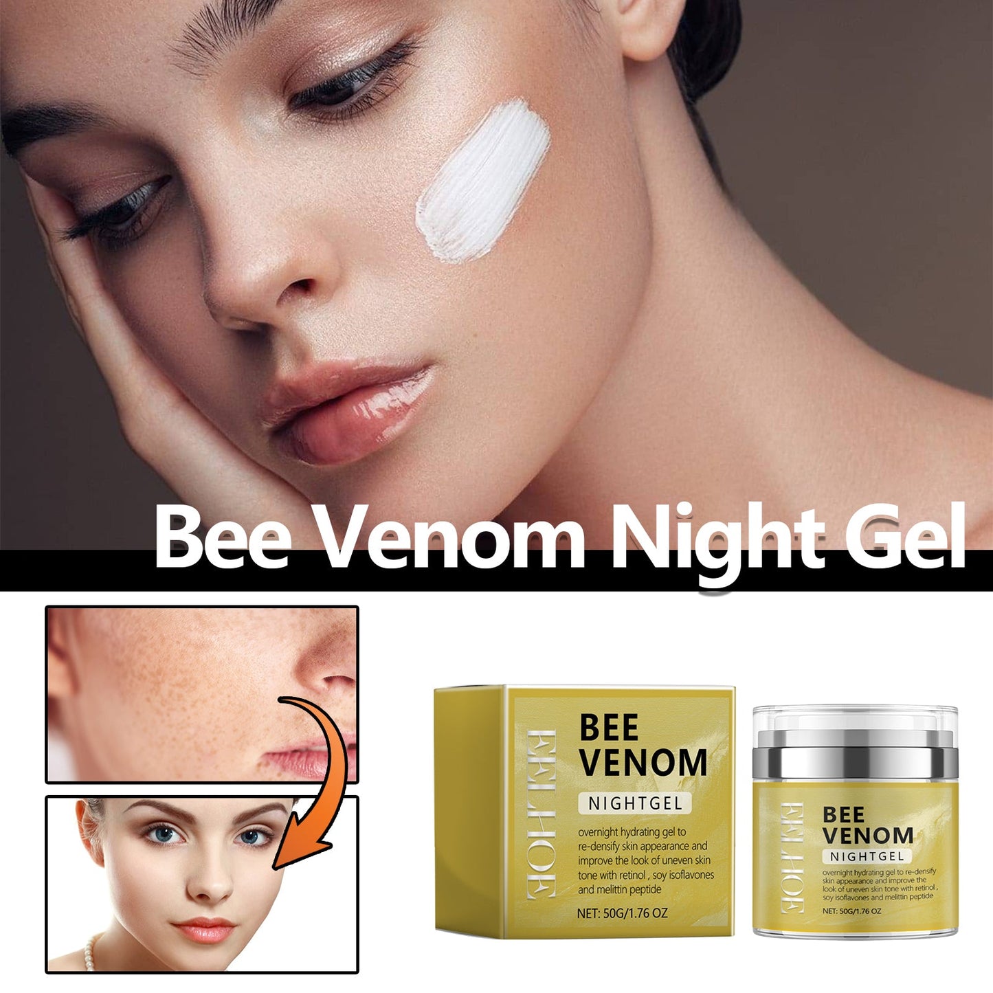 Bee Venom Night Gel, Moisturizing Smooth Brightens Dull Skin Shine White Skin Firming Creams - Korvel