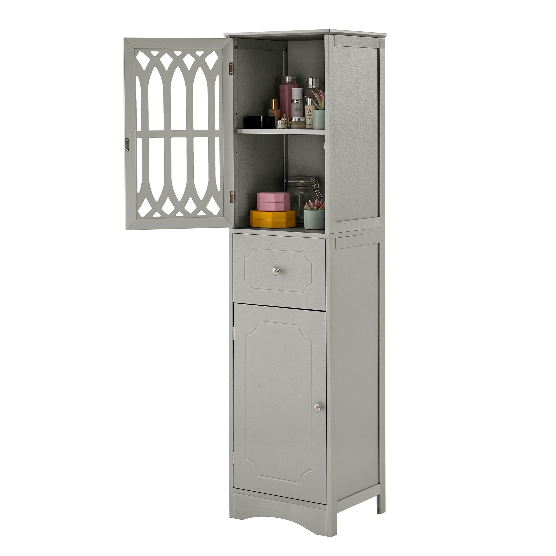 Tall Bathroom Cabinet, Freestanding Storage Cabinet with Drawer and Doors, MDF Board, Acrylic Door, Adjustable Shelf, Grey - Korvel