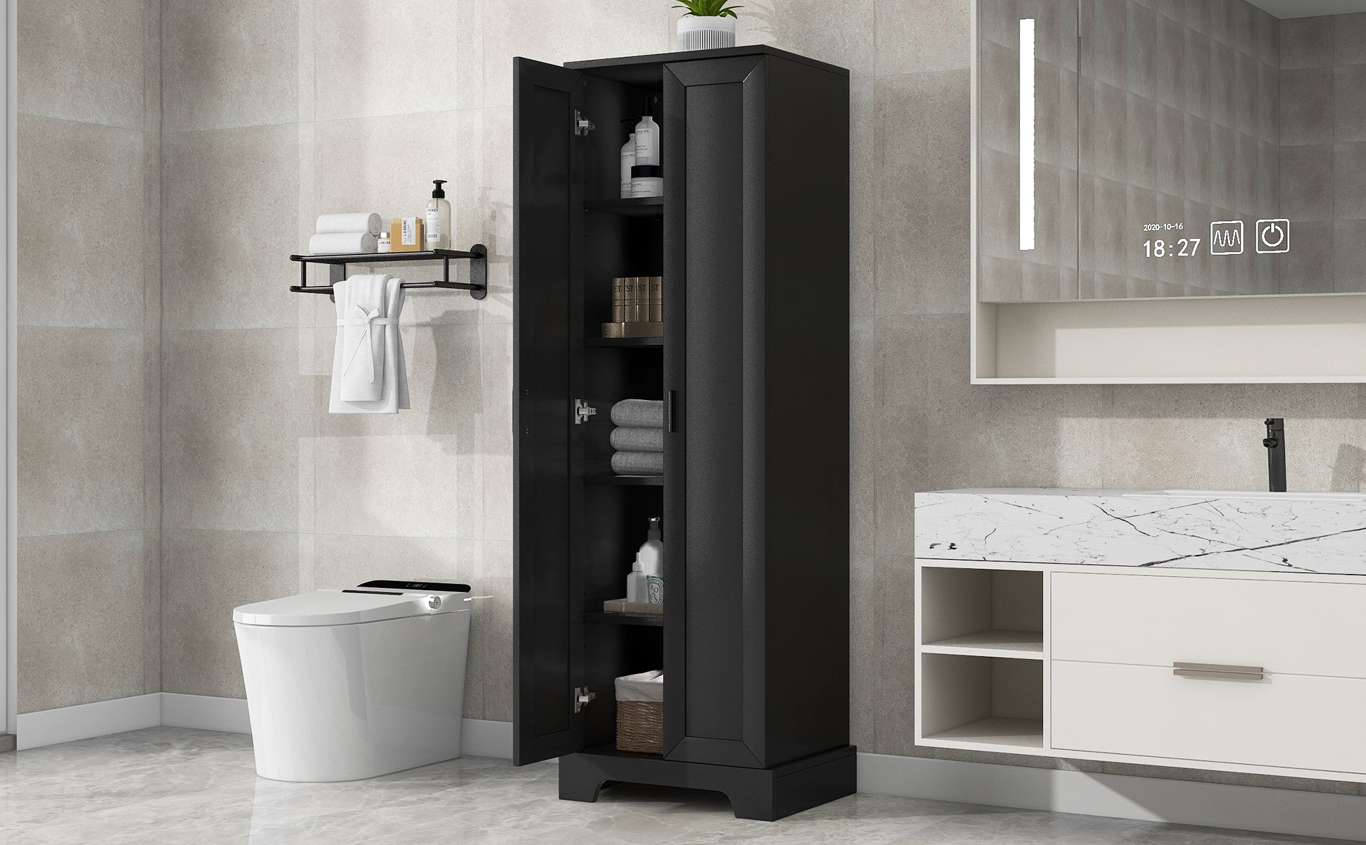 Storage Cabinet with Two Doors for Bathroom, Office, Adjustable Shelf, MDF Board, Black - Korvel
