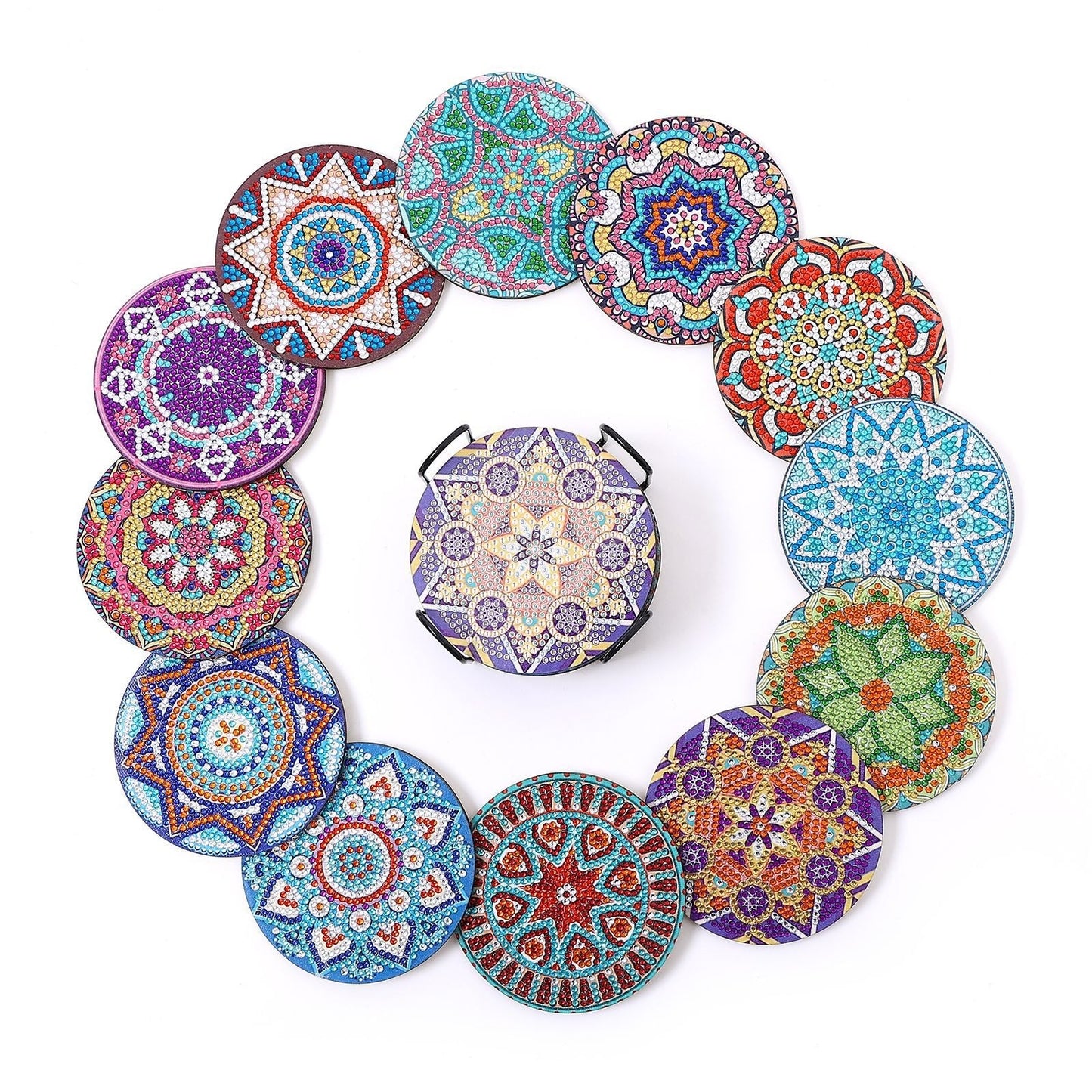 New DIY Diamond Painted Coaster Mat Set of 12 with Datura Pattern (Free Storage Shelf) - Korvel