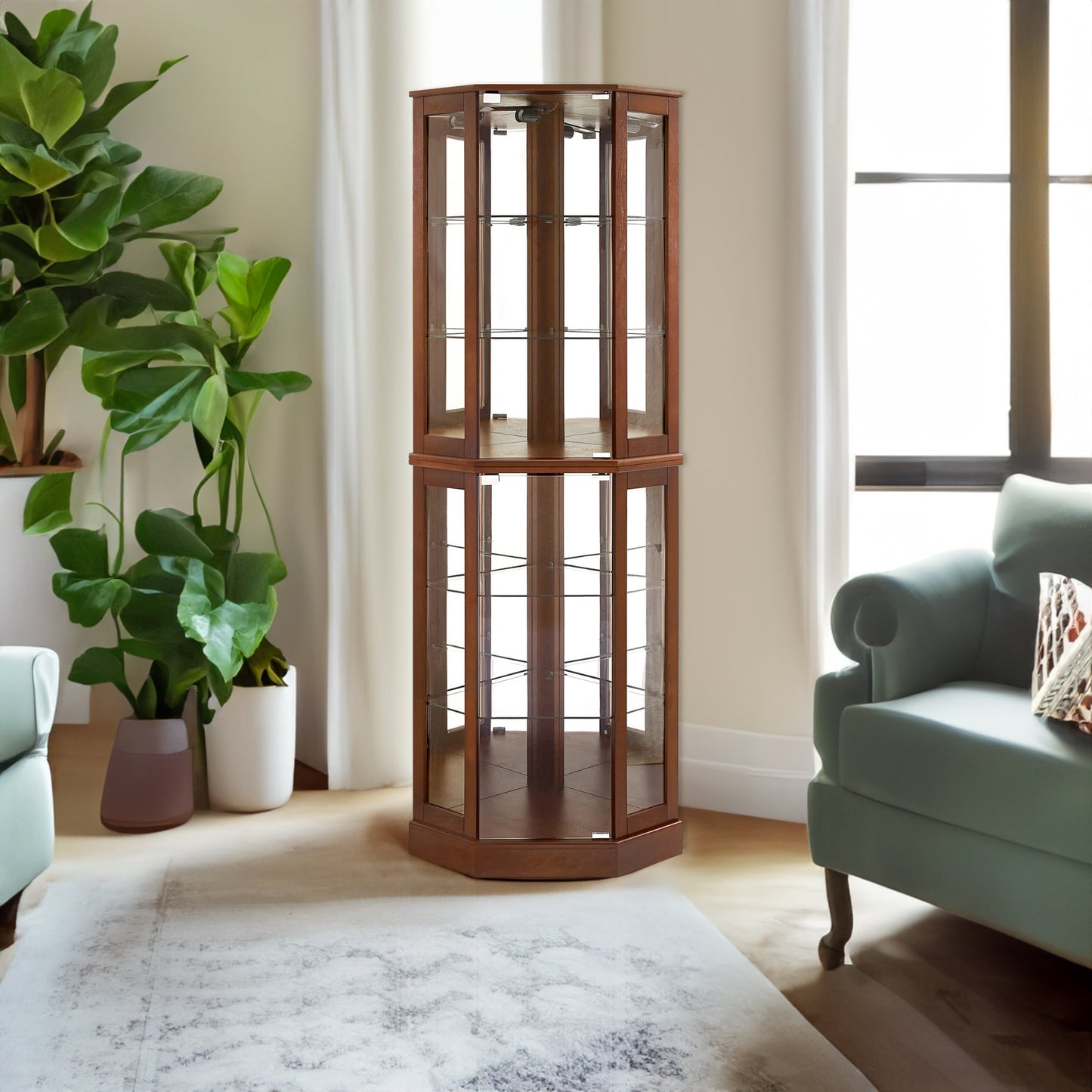 6 shelves corner Curio display cabinet with light mirror and adjustable shelves, walnut wood (excluding E26 light bulbs) - Korvel
