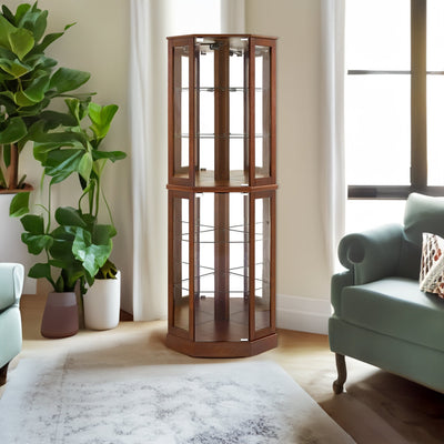 6 shelves corner Curio display cabinet with light mirror and adjustable shelves, walnut wood (excluding E26 light bulbs) - Korvel