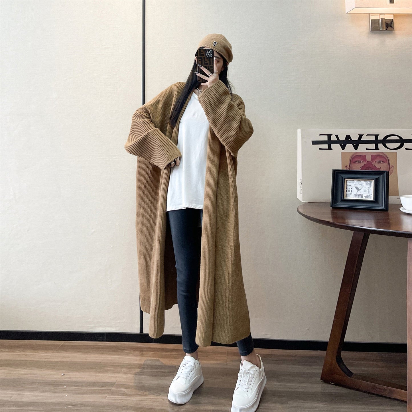 Manteau en Tricot Mi-Long à Couleur Unie pour Femmes