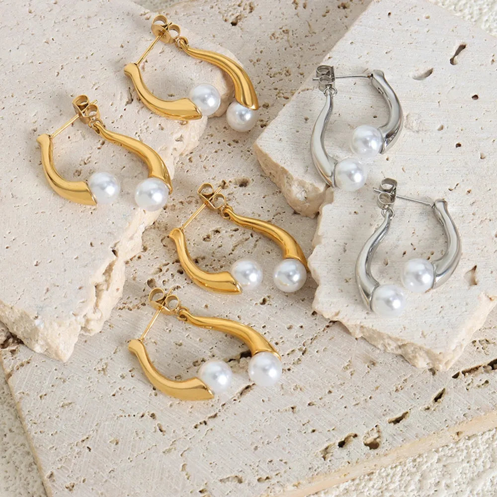 Elegant split design with high gloss pearl inlay simple titanium steel gold-plated earrings - Korvel