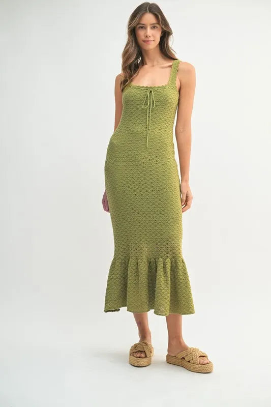 Elegant Ruffled Hem Sleeveless Crochet Knit Midi Dress