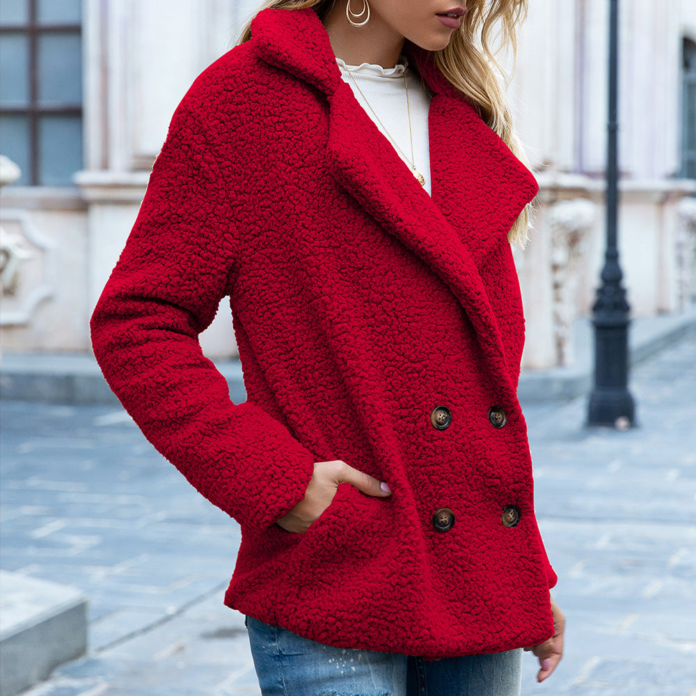 Manteau d'hiver en peluche à revers large pour femmes