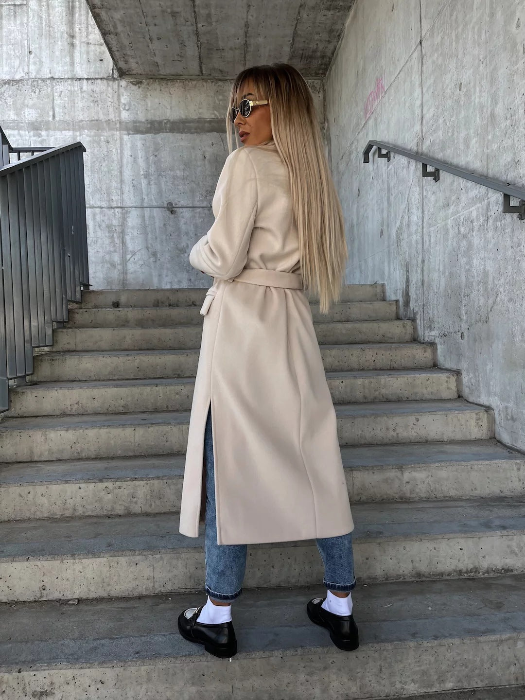 Double-Breasted Lapel Split Jacket with Belt for Women