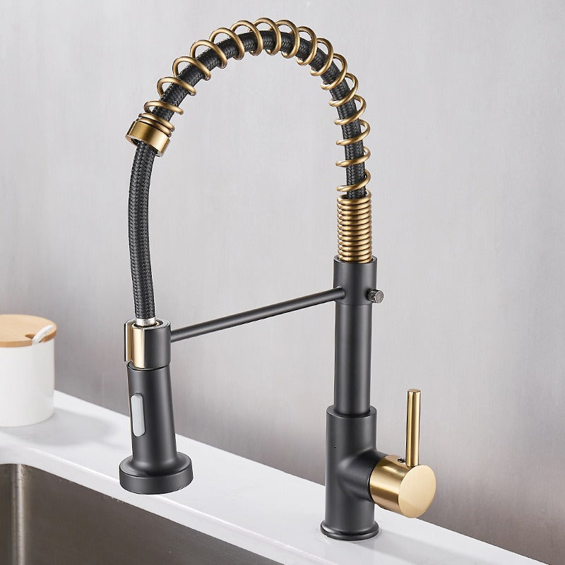All copper spring faucet, kitchen sink with rotatable pull-out paint, black and gold dots - Korvel