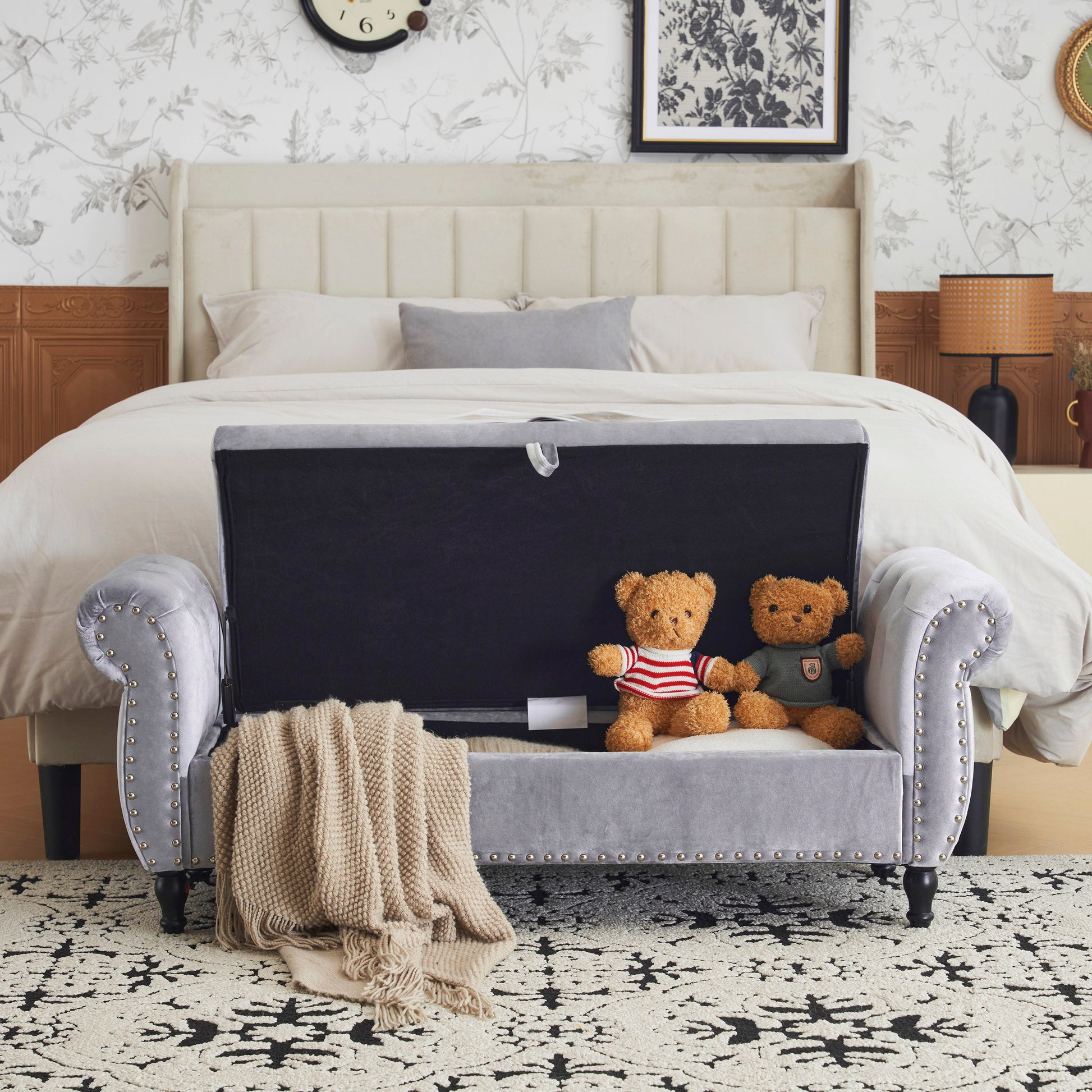 Velvet Multifunctional Storage Rectangular ottoman bench with 1 Pillow, grey - Korvel