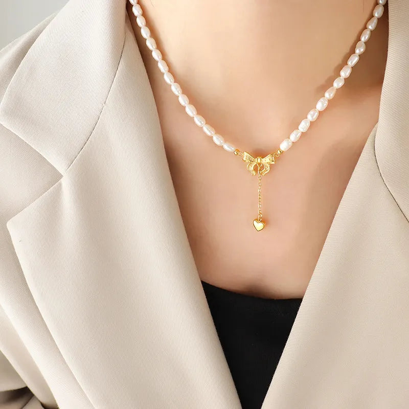 Collar de Corazón de Perla de Agua Dulce de Acero de Titanio