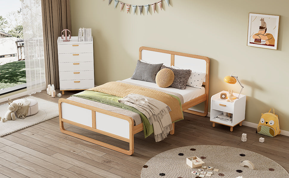 Modern Style Queen Size Solid Wood Platform Bed for Kids, Teens, Adults, No Need Box Spring, Walnut and White - Korvel