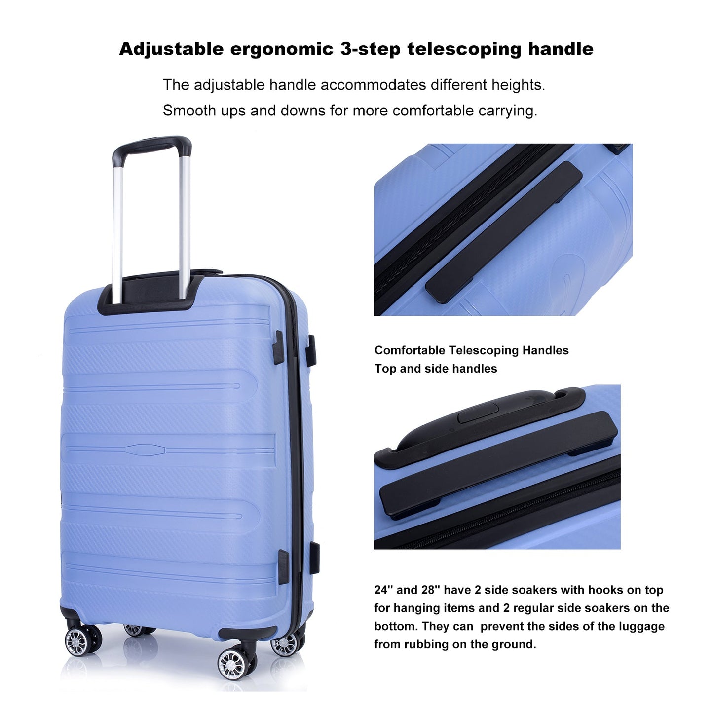 Hardshell Suitcase Spinner Wheels PP Luggage Sets Lightweight Durable Suitcase ,3-Piece Set (20/24/28) ,Purplish Blue - Korvel