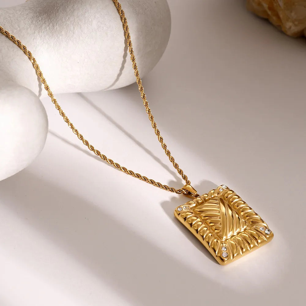 Stainless Steel Inlaid Rhinestone Rectangle Shape Pendant Necklace - Korvel