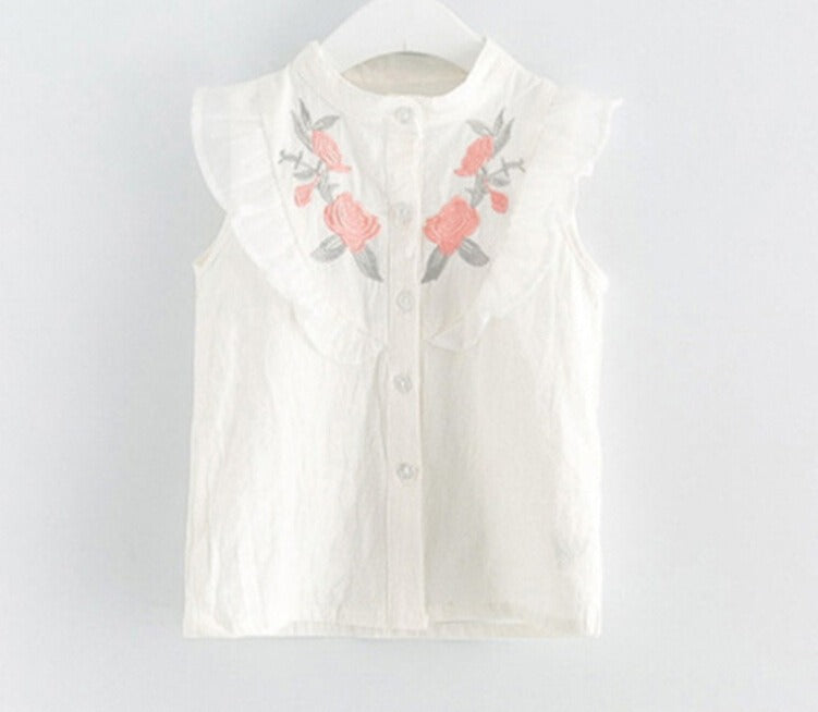 INS Children's Clothing Girls Embroidered Flowers Ruffled Lace Sleeveless Shirt Two-Color Shorts Set - Korvel