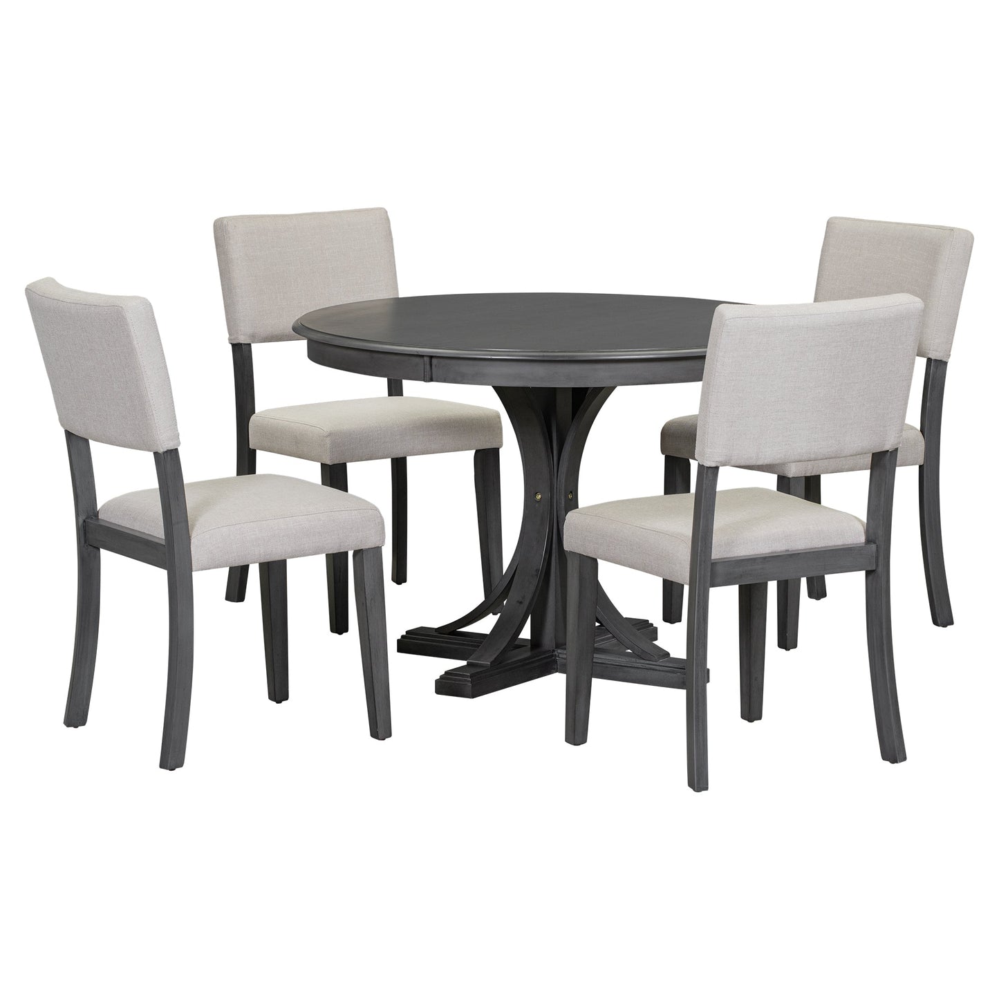 TREXM Five Piece Retro Round Dining Table Set with Curved Brackets and 4 Restaurant Cushioned Chairs (Dark Gray) - Korvel
