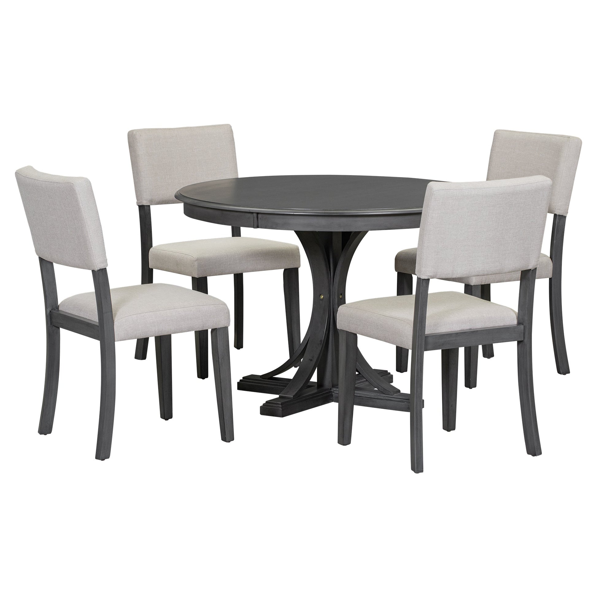 TREXM Five Piece Retro Round Dining Table Set with Curved Brackets and 4 Restaurant Cushioned Chairs (Dark Gray) - Korvel