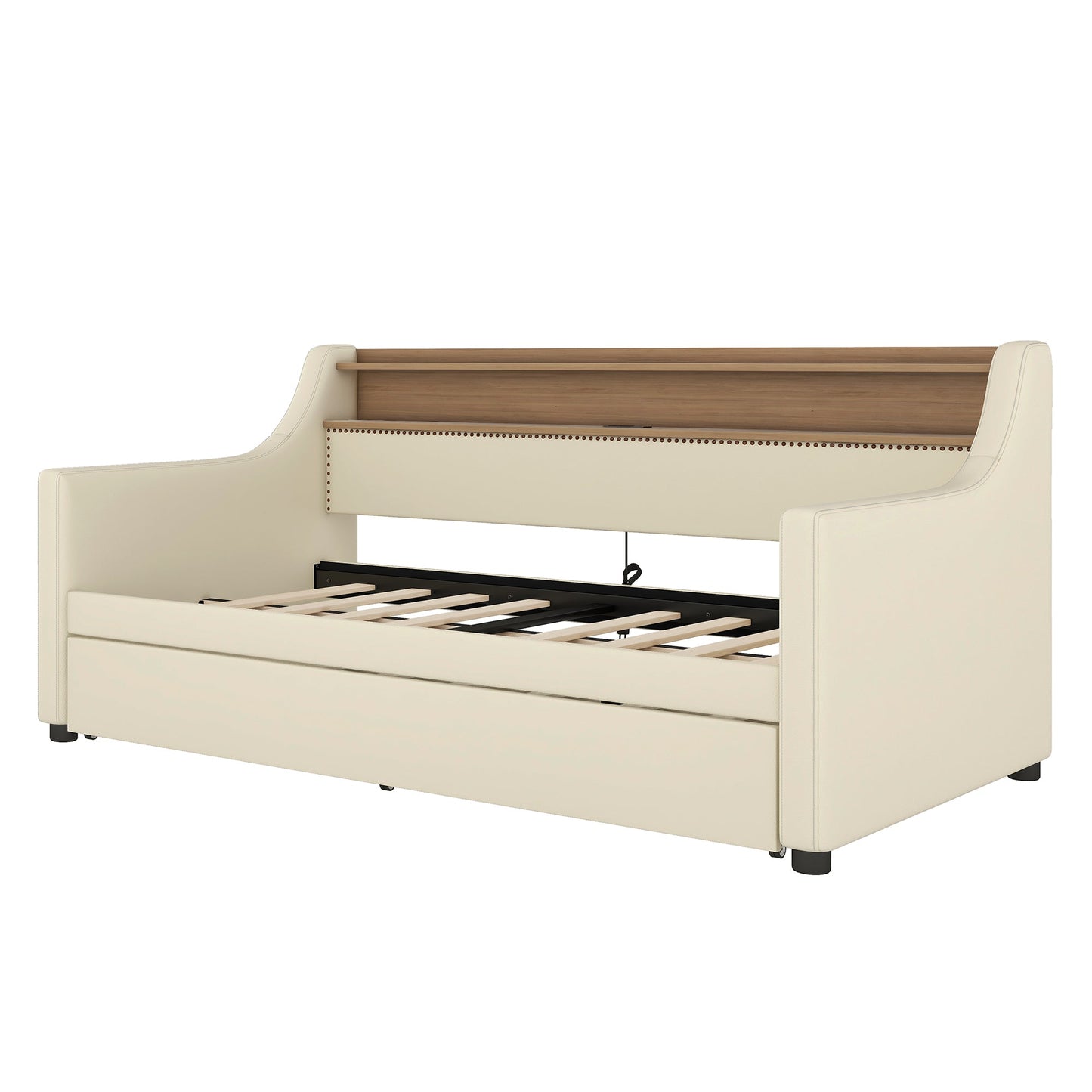 Twin Size Daybed with Trundle, Upholstered Daybed with Charging Station and LED Lights, Beige - Korvel