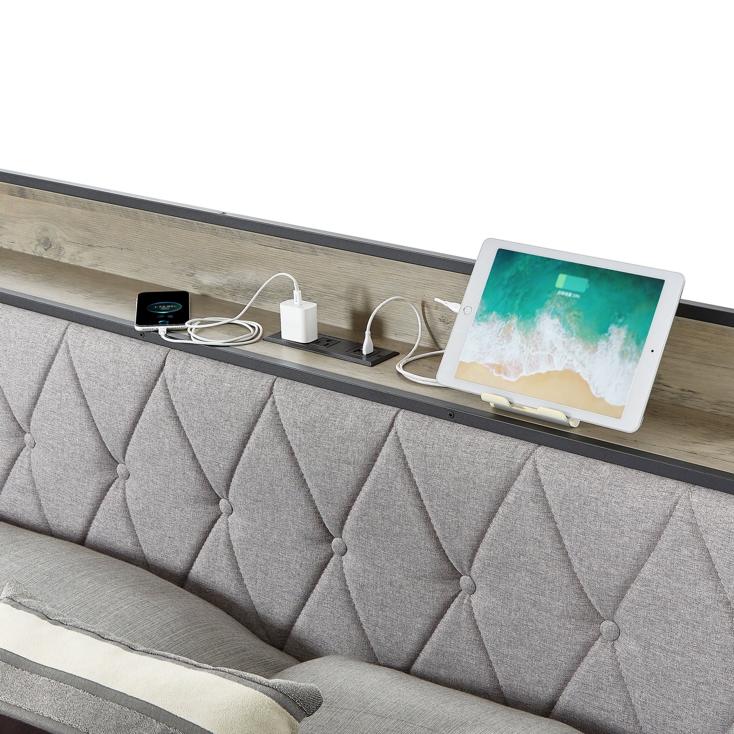 Premium Grey Full Size Bed Frame with Charging Station