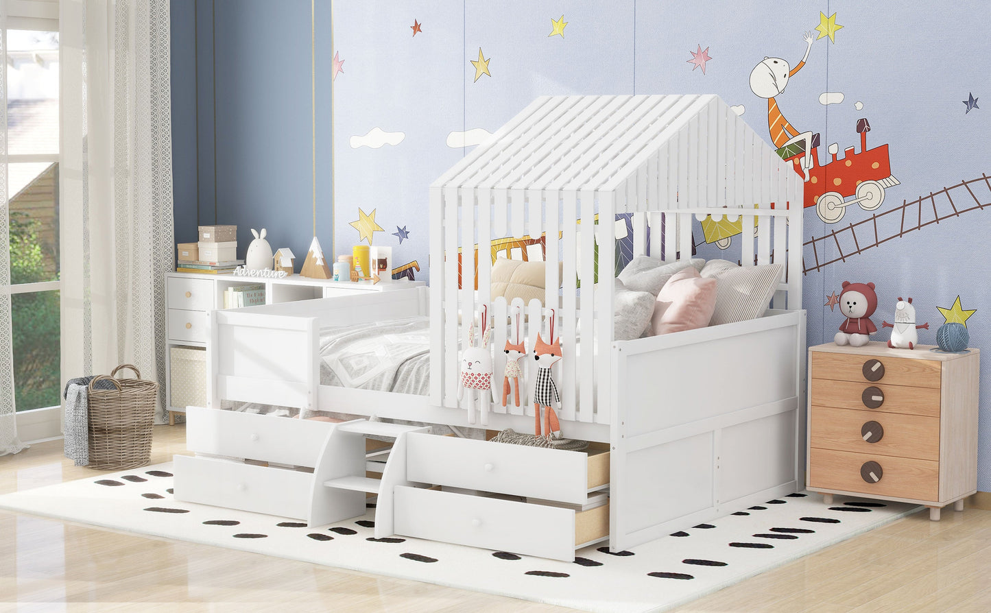 Full Size House Low Loft Bed with Four Drawers,White - Korvel