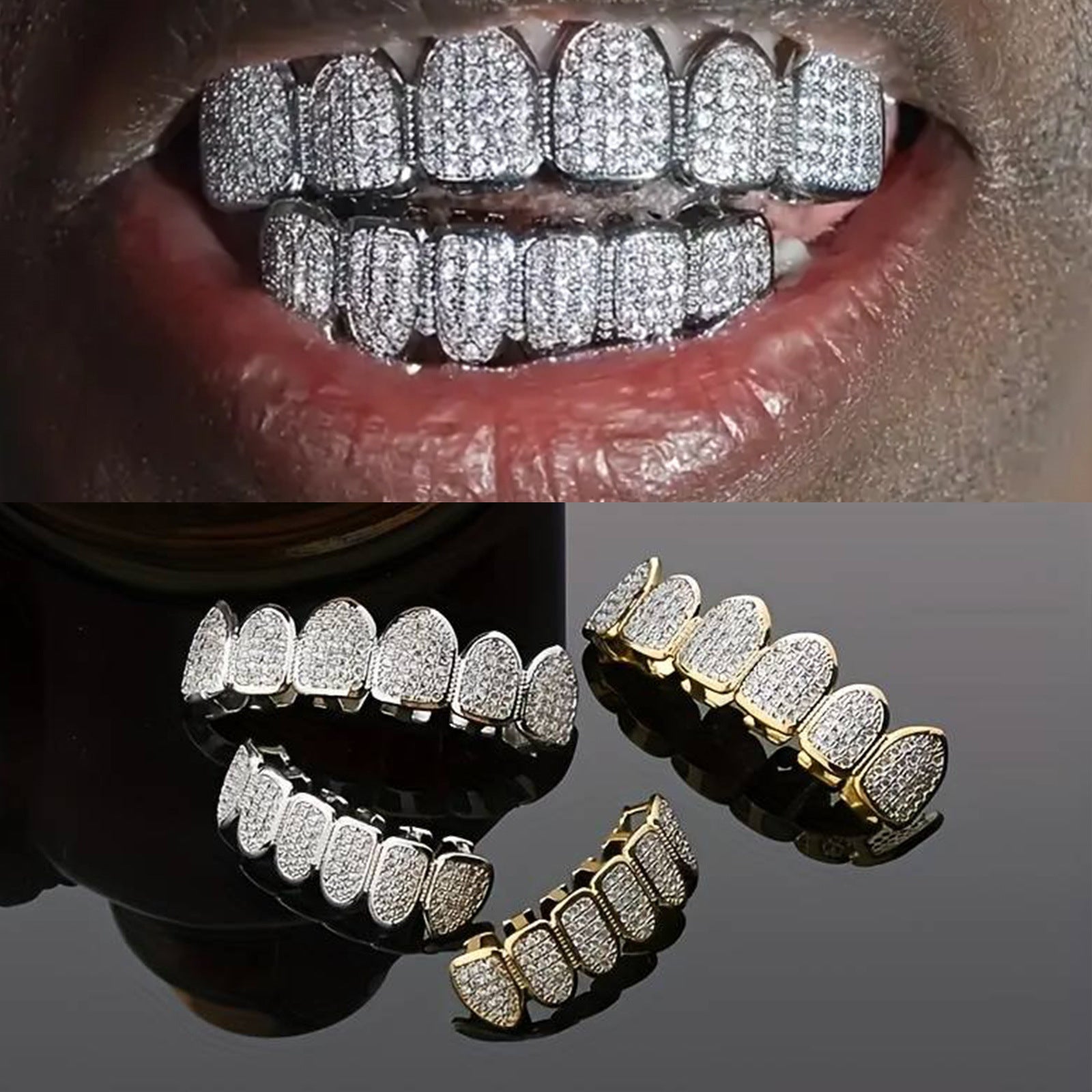 Hip hop braces with copper zircon micro inlaid with real gold Halloween teeth decoration exaggerated hiphopgrills - Korvel