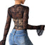 Lace sexy mesh see through backless long sleeved shawl new two-piece set spicy girl camisole vest - Korvel