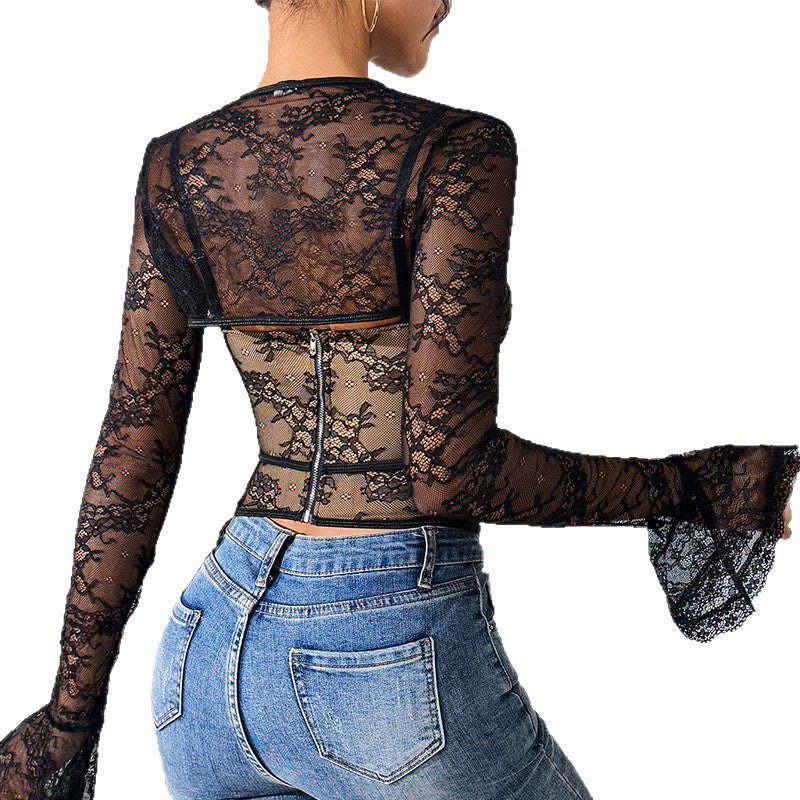 Lace sexy mesh see through backless long sleeved shawl new two-piece set spicy girl camisole vest - Korvel