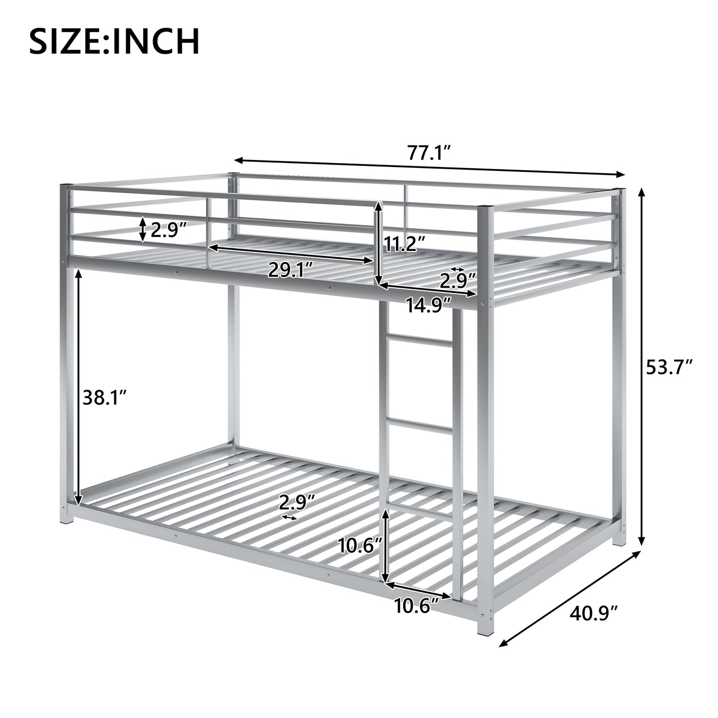 Twin over Twin Metal Bunk Bed, Low Bunk Bed with Ladder Silver - Korvel