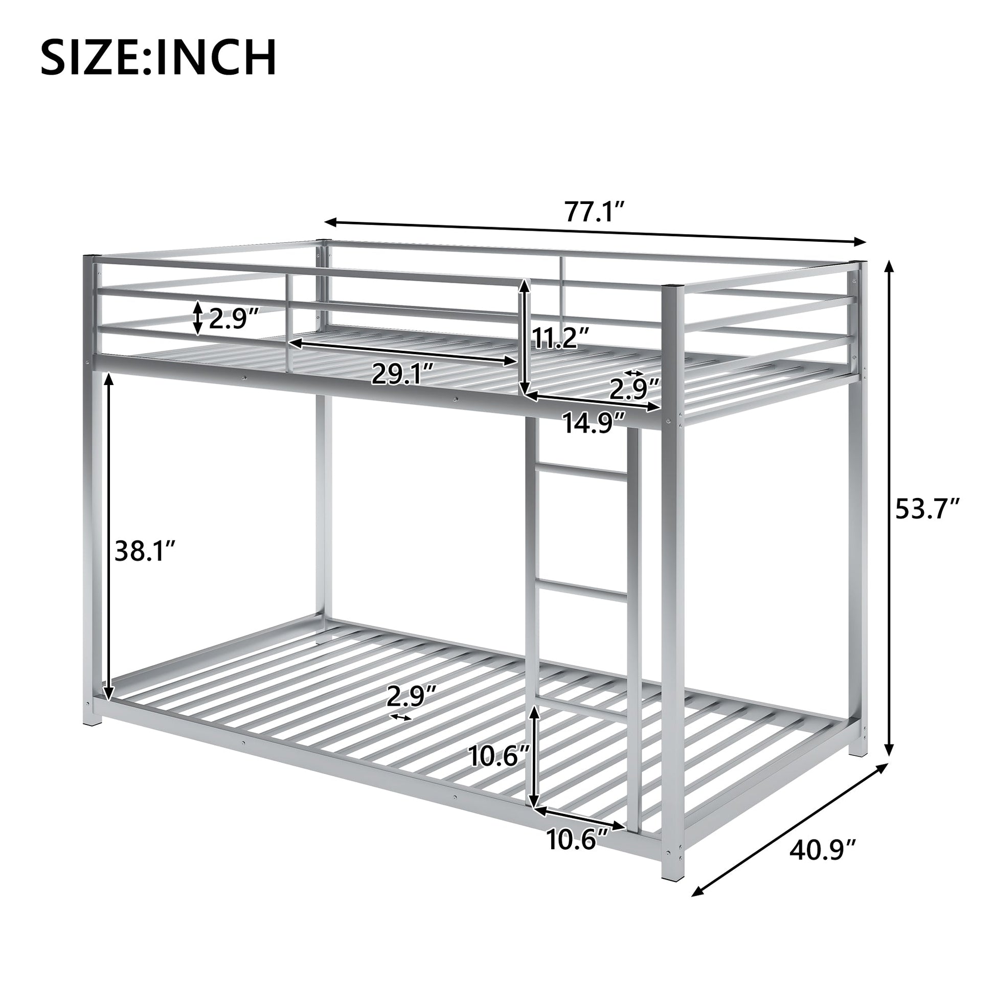 Twin over Twin Metal Bunk Bed, Low Bunk Bed with Ladder Silver - Korvel
