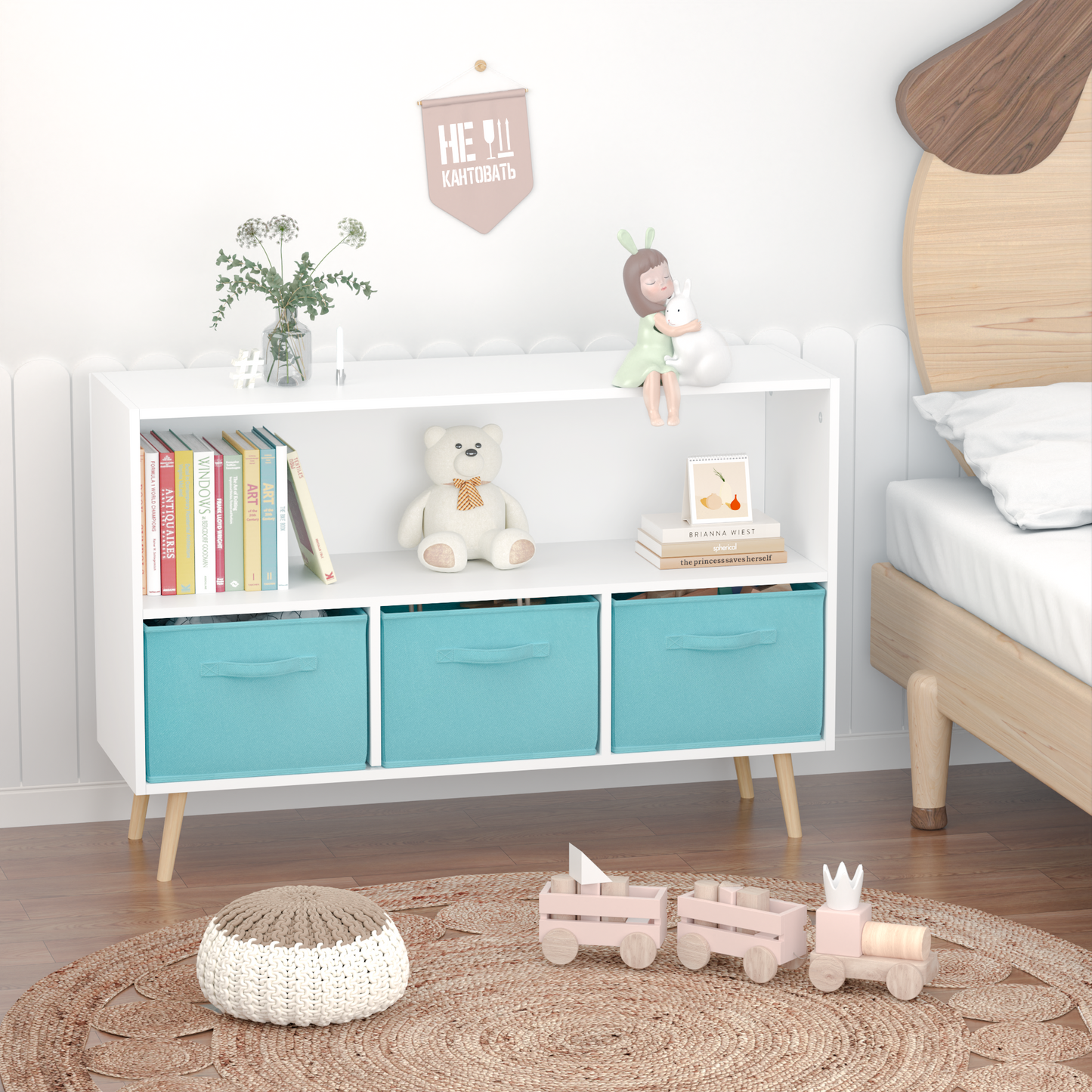 Kids bookcase with Collapsible Fabric Drawers Children's Book Display Toy Storage Cabinet Organizer White/Blue - Korvel