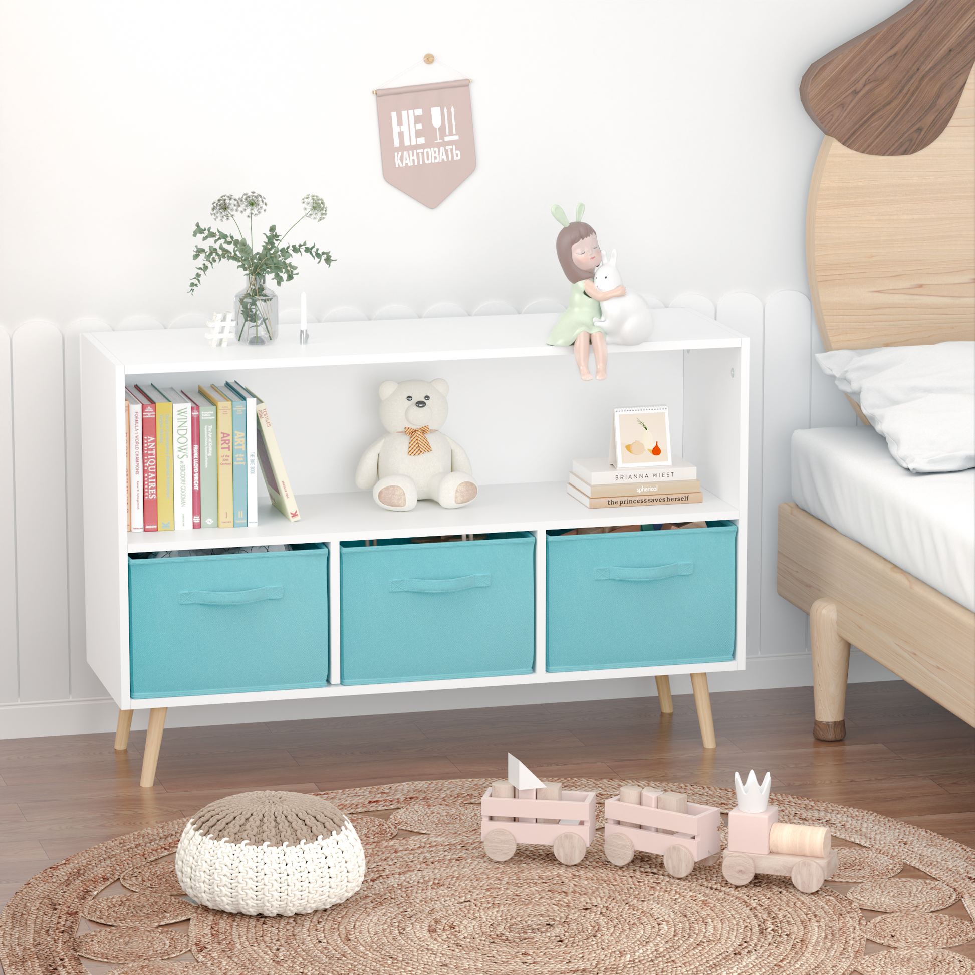 Kids bookcase with Collapsible Fabric Drawers Children's Book Display Toy Storage Cabinet Organizer White/Blue - Korvel