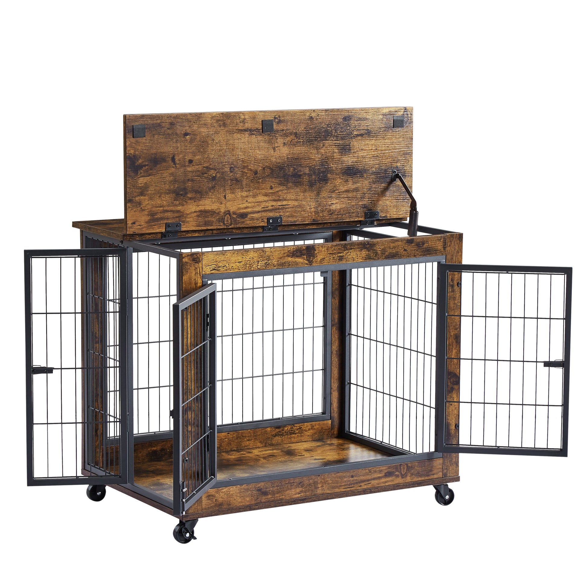 Furniture Style Dog Crate Side Table on Wheels with Double Doors and Lift Top. Rustic Brown, 31.50'' W x 22.05'' D x 25'' H. - Korvel